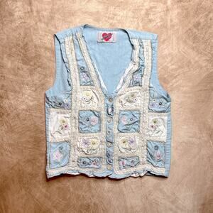 Vintage Y2K Keren Hart Floral Patchwork Embroidered Vest Blue Sleeveless Cottage